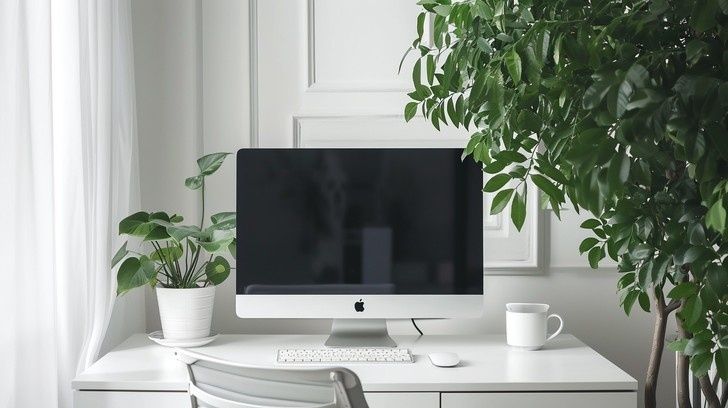 Minimalist white desk with an iMac, keyboard, plant, and mug