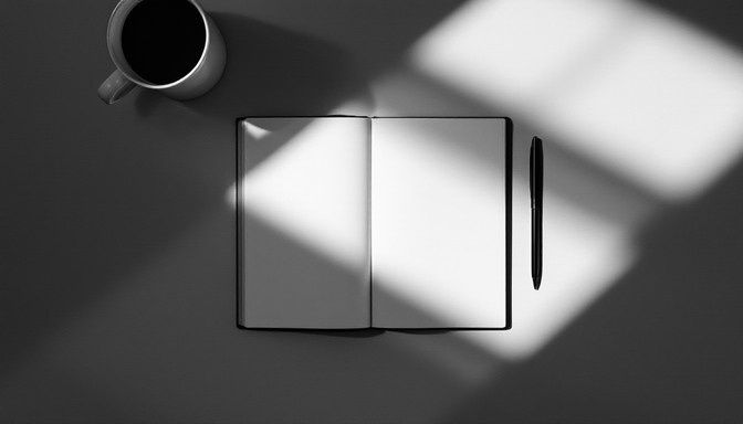 Open blank planner beside a coffee cup and pen in morning light